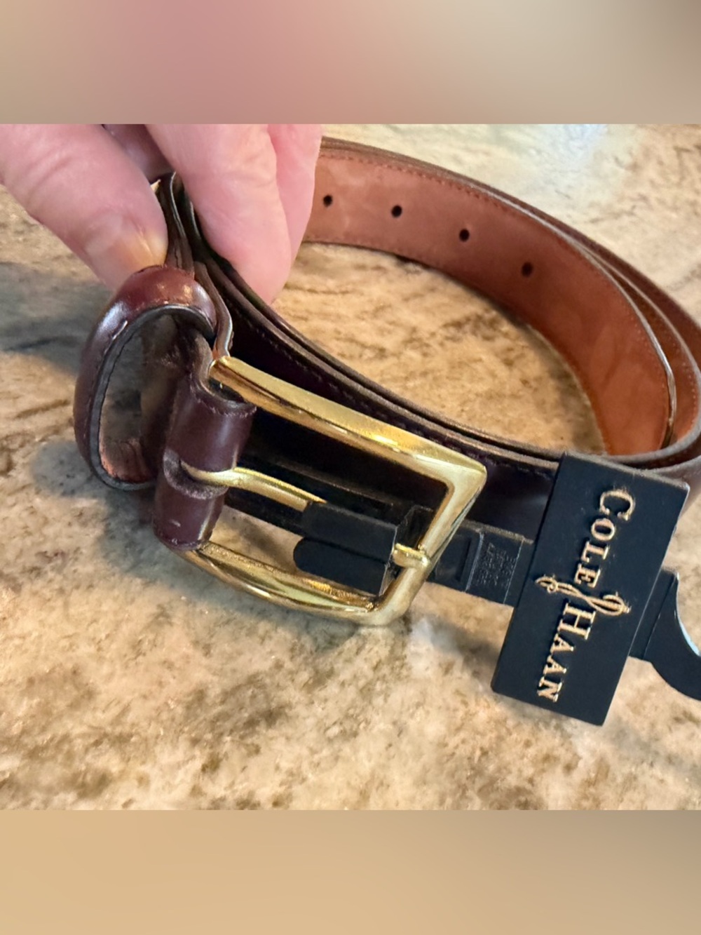 NWT! Cole Haan Mens Leather Belt. Brass Buckle. Mahogany Size 42